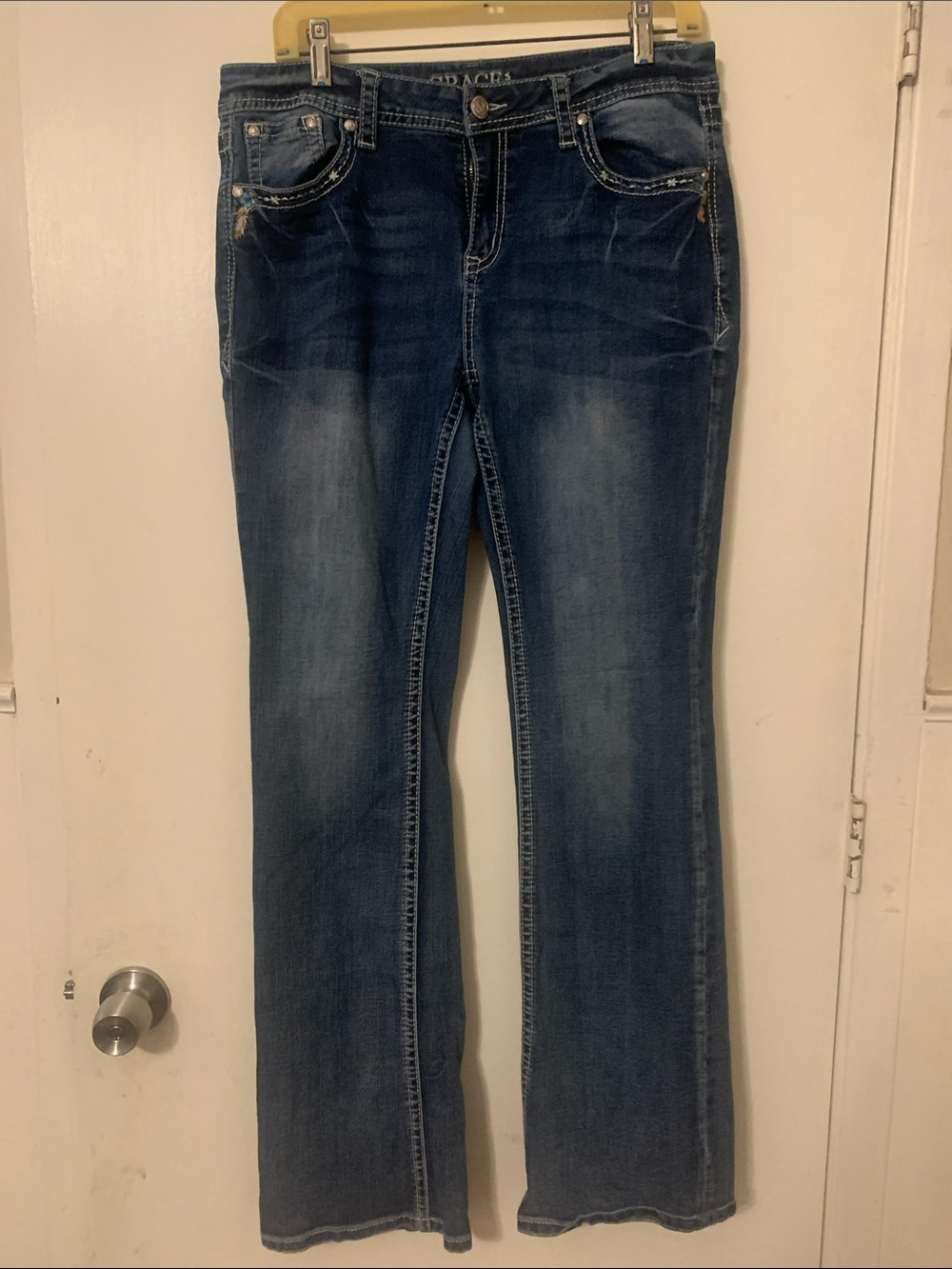 Grace in LA Medium Dark Blue Bootcut Jeans with Faded Detailing
